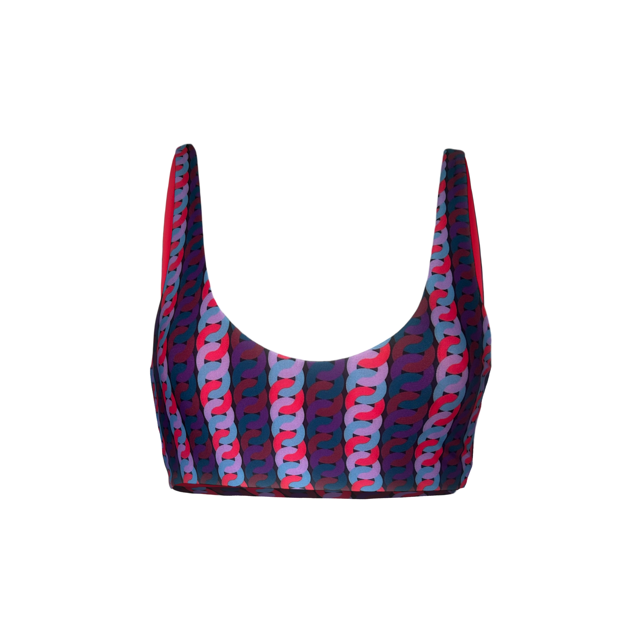 Multicolored patterned bikini top on a white background