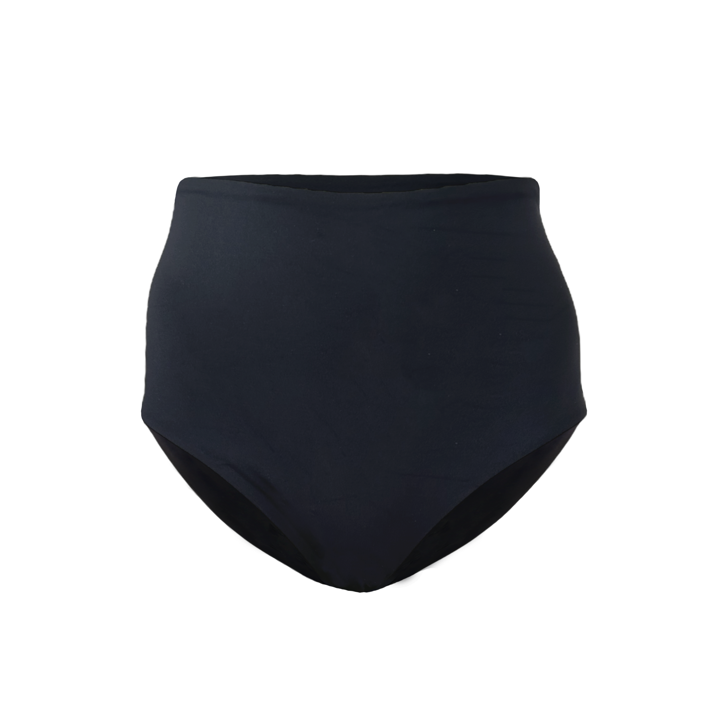 Black high-waisted bikini bottom on a white background