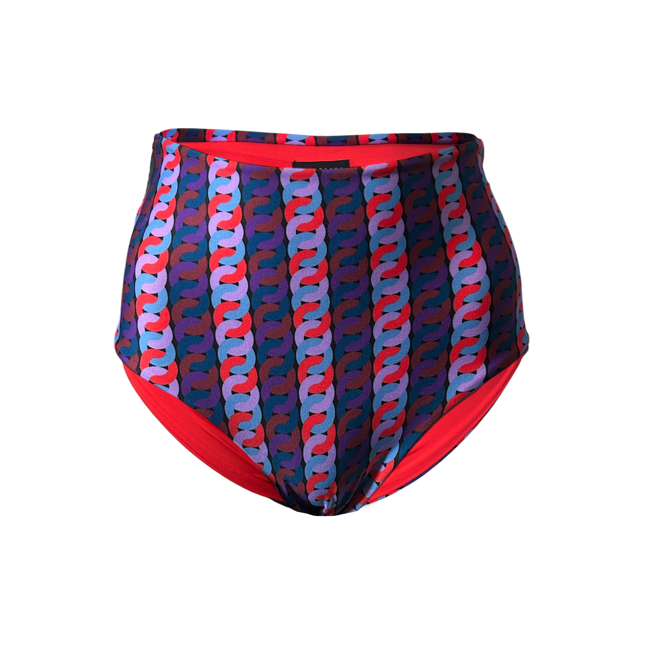 High-waisted bikini bottom with colorful chain pattern on a white background
