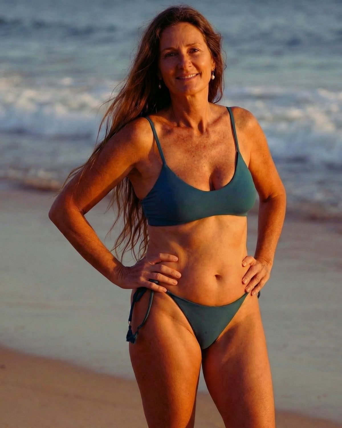 Woman in a green bikini standing on a beach with ocean waves in the background