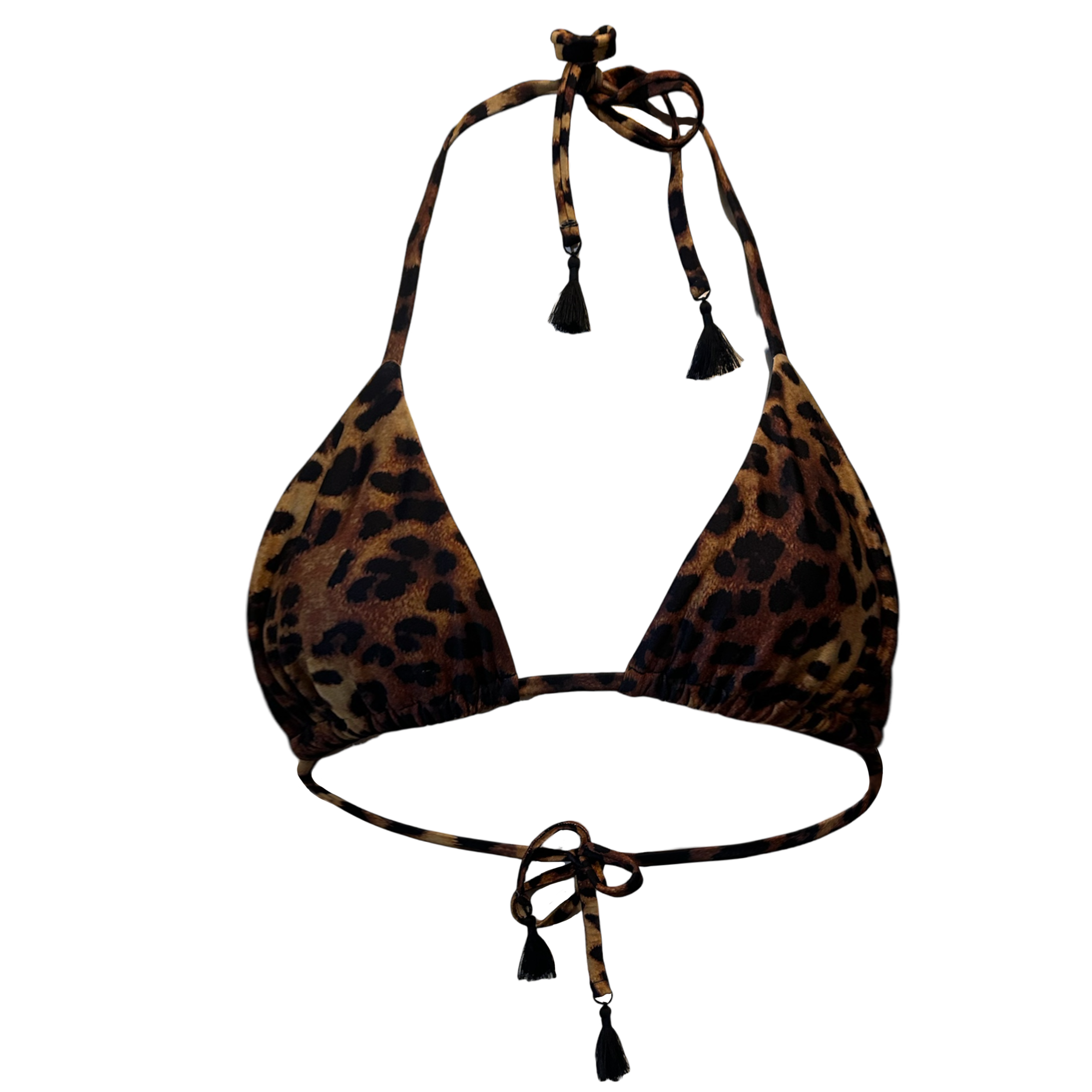 Leopard print bikini top on a white background