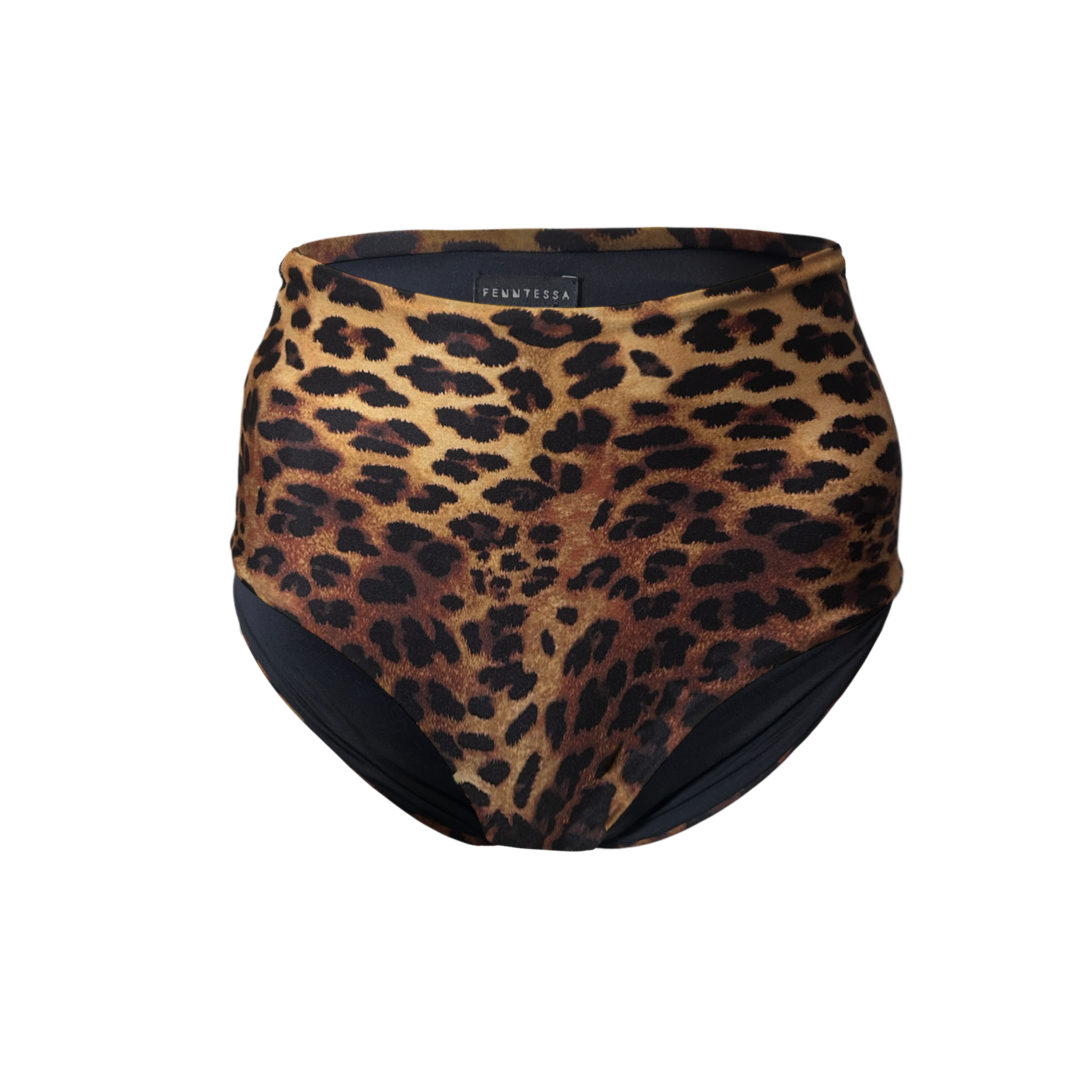 Leopard print high-waisted underwear on a white background